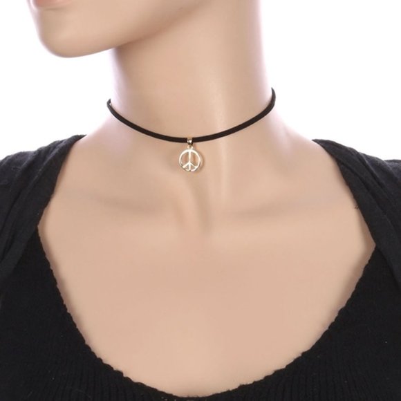 FashionWithAGlam Jewelry - Metal Peace Symbol Faux Suede Choker Necklace